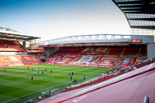 LIVERPOOL, ENGLAND - Wednesday, June 24, 2020: Crystal Palace players inspect the pitch in an empty stadium before the FA Premier League match between Liverpool FC and Crystal Palace FC at Anfield. The game was played behind closed doors due to the UK government’s social distancing laws during the Coronavirus COVID-19 Pandemic. (Pic by David Rawcliffe/Propaganda)