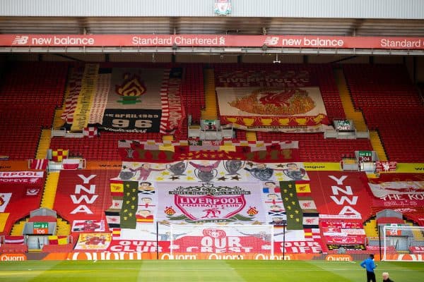 LIVERPOOL, ENGLAND - Wednesday, June 24, 2020: Liverpool supporters' banners on the Spion Kop before the FA Premier League match between Liverpool FC and Crystal Palace FC at Anfield. The game was played behind closed doors due to the UK government’s social distancing laws during the Coronavirus COVID-19 Pandemic. (Pic by David Rawcliffe/Propaganda)