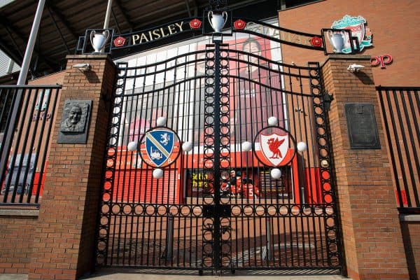 LIVERPOOL, ENGLAND - Wednesday, June 24, 2020: The Paisley Gateway at Anfield closed as supporters stay away from the stadium ahead of the FA Premier League match between Liverpool FC and Crystal Palace FC at Anfield. The game was played behind closed doors due to the UK government’s social distancing laws during the Coronavirus COVID-19 Pandemic. (Pic by David Rawcliffe/Propaganda)