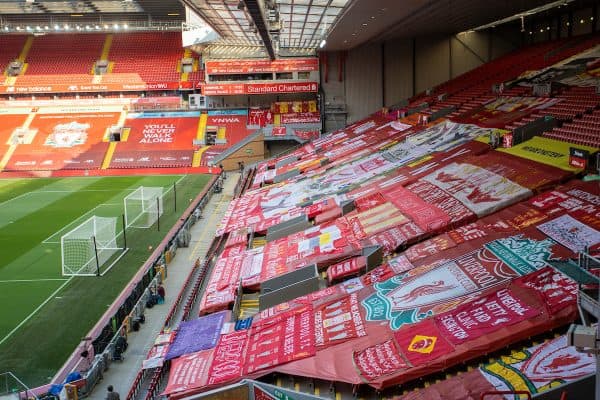 LIVERPOOL, ENGLAND - Wednesday, June 24, 2020: Liverpool supporters' banners on the Spion Kop pictured before the FA Premier League match between Liverpool FC and Crystal Palace FC at Anfield. The game was played behind closed doors due to the UK government’s social distancing laws during the Coronavirus COVID-19 Pandemic. (Pic by David Rawcliffe/Propaganda)