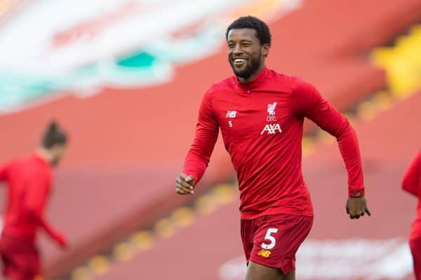 LIVERPOOL, ENGLAND - Wednesday, June 24, 2020: Liverpool’s Georginio Wijnaldum during the pre-match warm-up before the FA Premier League match between Liverpool FC and Crystal Palace FC at Anfield. The game was played behind closed doors due to the UK government’s social distancing laws during the Coronavirus COVID-19 Pandemic. (Pic by David Rawcliffe/Propaganda)