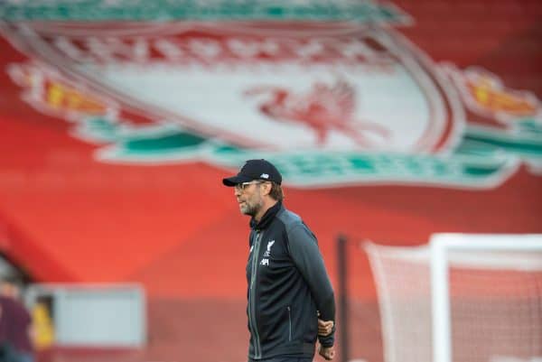 LIVERPOOL, ENGLAND - Wednesday, June 24, 2020: Liverpool’s manager Jürgen Klopp during the pre-match warm-up before the FA Premier League match between Liverpool FC and Crystal Palace FC at Anfield. The game was played behind closed doors due to the UK government’s social distancing laws during the Coronavirus COVID-19 Pandemic. (Pic by David Rawcliffe/Propaganda)