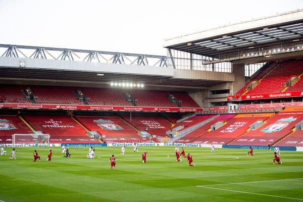 LIVERPOOL, ENGLAND - Wednesday, June 24, 2020: Liverpool and Crystal Palace players kneel down in support of the Black Lives Matter movement before the FA Premier League match between Liverpool FC and Crystal Palace FC at Anfield. The game was played behind closed doors due to the UK government’s social distancing laws during the Coronavirus COVID-19 Pandemic. (Pic by David Rawcliffe/Propaganda)