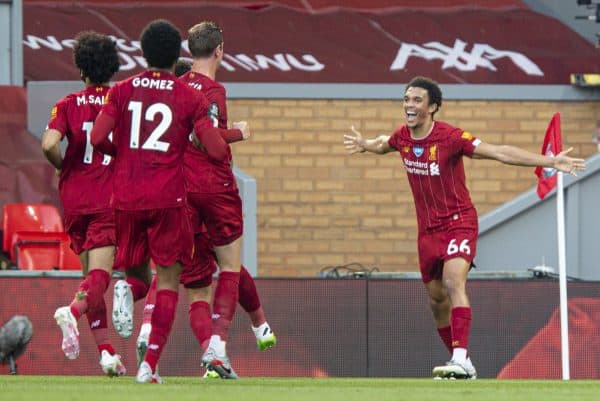 LIVERPOOL, ENGLAND - Wednesday, June 24, 2020: Liverpool’s Trent Alexander-Arnold celebrates scoring the first goal, from a free-kick, during the FA Premier League match between Liverpool FC and Crystal Palace FC at Anfield. The game was played behind closed doors due to the UK government’s social distancing laws during the Coronavirus COVID-19 Pandemic. (Pic by David Rawcliffe/Propaganda)