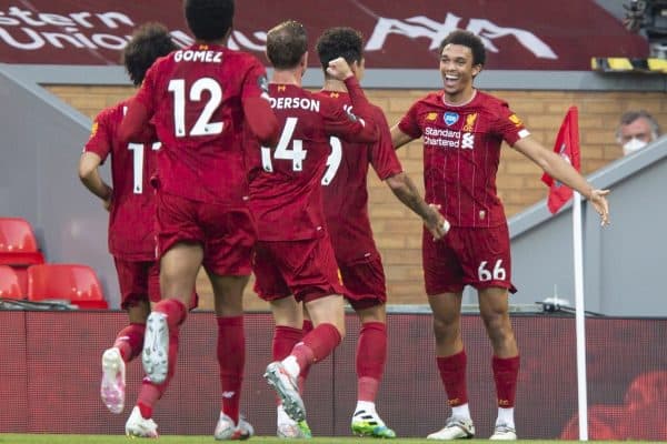 LIVERPOOL, ENGLAND - Wednesday, June 24, 2020: Liverpool’s Trent Alexander-Arnold celebrates scoring the first goal, from a free-kick, during the FA Premier League match between Liverpool FC and Crystal Palace FC at Anfield. The game was played behind closed doors due to the UK government’s social distancing laws during the Coronavirus COVID-19 Pandemic. (Pic by David Rawcliffe/Propaganda)