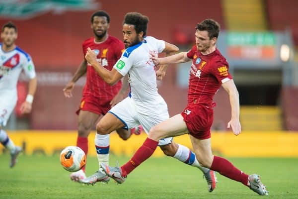 LIVERPOOL, ENGLAND - Wednesday, June 24, 2020: Crystal Palace's Andros Townsend (L) and Liverpool’s Andy Robertson during the FA Premier League match between Liverpool FC and Crystal Palace FC at Anfield. The game was played behind closed doors due to the UK government’s social distancing laws during the Coronavirus COVID-19 Pandemic. (Pic by David Rawcliffe/Propaganda)