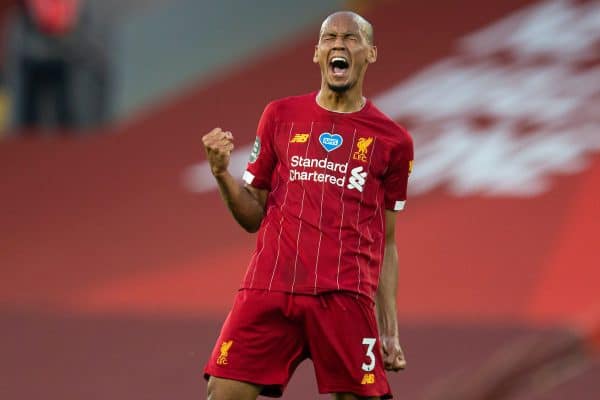 LIVERPOOL, ENGLAND - Wednesday, June 24, 2020: Liverpool’s Fabio Henrique Tavares 'Fabinho' celebrates scoring the third goal during the FA Premier League match between Liverpool FC and Crystal Palace FC at Anfield. The game was played behind closed doors due to the UK government’s social distancing laws during the Coronavirus COVID-19 Pandemic. (Pic by David Rawcliffe/Propaganda)