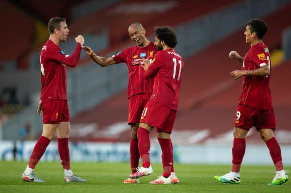 LIVERPOOL, ENGLAND - Wednesday, June 24, 2020: Liverpool’s Fabio Henrique Tavares 'Fabinho' (C) celebrates scoring the third goal with team-mates captain Jordan Henderson (L) and Mohamed Salah (R) during the FA Premier League match between Liverpool FC and Crystal Palace FC at Anfield. The game was played behind closed doors due to the UK government’s social distancing laws during the Coronavirus COVID-19 Pandemic. (Pic by David Rawcliffe/Propaganda)