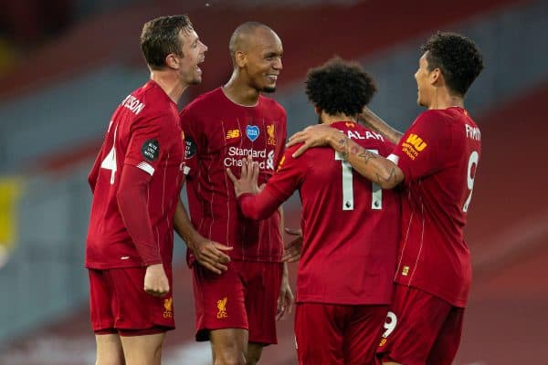 LIVERPOOL, ENGLAND - Wednesday, June 24, 2020: Liverpool’s Fabio Henrique Tavares 'Fabinho' (C) celebrates scoring the third goal with team-mates captain Jordan Henderson (L) and Mohamed Salah (R) during the FA Premier League match between Liverpool FC and Crystal Palace FC at Anfield. The game was played behind closed doors due to the UK government’s social distancing laws during the Coronavirus COVID-19 Pandemic. (Pic by David Rawcliffe/Propaganda)