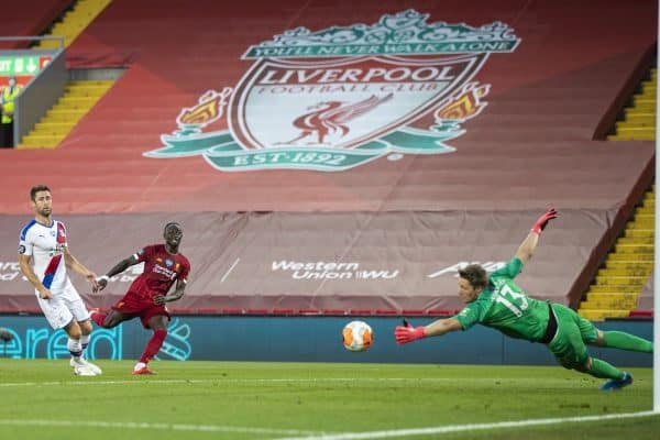 LIVERPOOL, ENGLAND - Wednesday, June 24, 2020: Liverpool’s Sadio Mané scores the fourth goal past Crystal Palace's goalkeeper Wayne Hennessey during the FA Premier League match between Liverpool FC and Crystal Palace FC at Anfield. The game was played behind closed doors due to the UK government’s social distancing laws during the Coronavirus COVID-19 Pandemic. (Pic by David Rawcliffe/Propaganda)