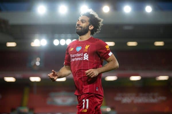 LIVERPOOL, ENGLAND - Wednesday, June 24, 2020: Liverpool’s Mohamed Salah during the FA Premier League match between Liverpool FC and Crystal Palace FC at Anfield. The game was played behind closed doors due to the UK government’s social distancing laws during the Coronavirus COVID-19 Pandemic. (Pic by David Rawcliffe/Propaganda)