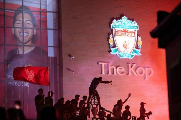 LIVERPOOL, ENGLAND - Thursday, June 25, 2020: Liverpool supporters celebrate at Anfield after their side were crowned Premier League Champions following Manchester City's defeat by Chelsea. The supporters have waited 30 years for this their 19th Championship title. (Pic by David Rawcliffe/Propaganda)