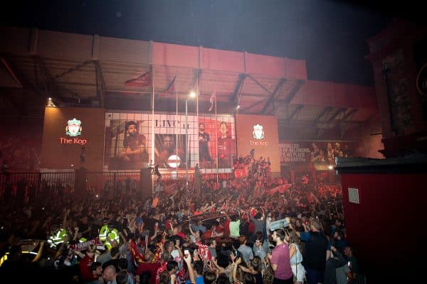 LIVERPOOL, ENGLAND - Thursday, June 25, 2020: Liverpool supporters congregate outside the famous Spion Kop at Anfield as they celebrate after their side were crowned Premier League Champions following Manchester City's defeat by Chelsea. The supporters have waited 30 years for this their 19th Championship title. (Pic by David Rawcliffe/Propaganda)