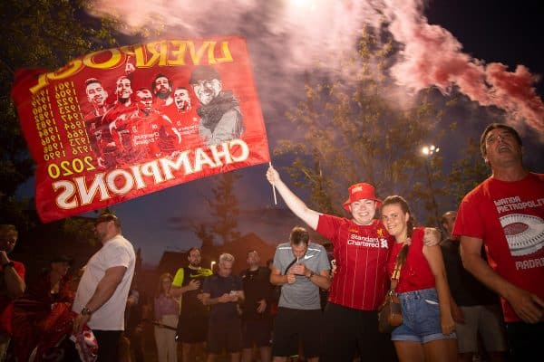 LIVERPOOL, ENGLAND - Thursday, June 25, 2020: Liverpool supporters celebrate at Anfield after their side were crowned Premier League Champions following Manchester City's defeat by Chelsea. The supporters have waited 30 years for this their 19th Championship title. (Pic by David Rawcliffe/Propaganda)