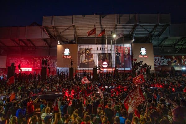 LIVERPOOL, ENGLAND - Thursday, June 25, 2020: Liverpool supporters celebrate at Anfield after their side were crowned Premier League Champions following Manchester City's defeat by Chelsea. The supporters have waited 30 years for this their 19th Championship title. (Pic by David Rawcliffe/Propaganda)