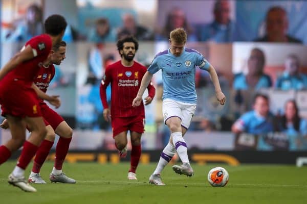 MANCHESTER, ENGLAND - Thursday, July 2, 2020: Manchester City's Kevin De Bruyne during the FA Premier League match between Manchester City FC and Liverpool FC at the City of Manchester Stadium. The game was played behind closed doors due to the UK government’s social distancing laws during the Coronavirus COVID-19 Pandemic. This was Liverpool's first game as Premier League 2019/20 Champions. (Pic by Propaganda)