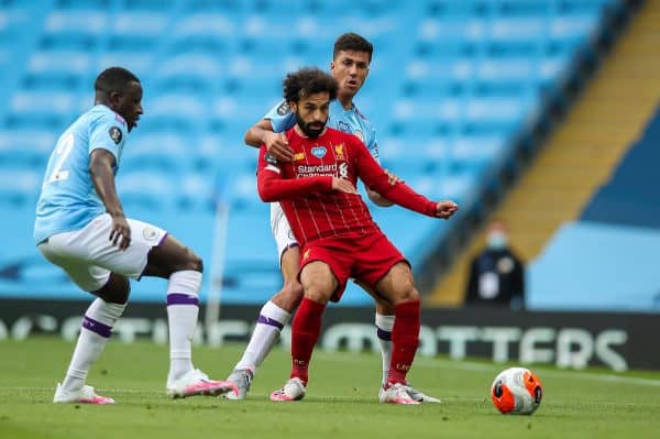 MANCHESTER, ENGLAND - Thursday, July 2, 2020: Liverpool’s Mohamed Salah during the FA Premier League match between Manchester City FC and Liverpool FC at the City of Manchester Stadium. The game was played behind closed doors due to the UK government’s social distancing laws during the Coronavirus COVID-19 Pandemic. This was Liverpool's first game as Premier League 2019/20 Champions. (Pic by Propaganda)