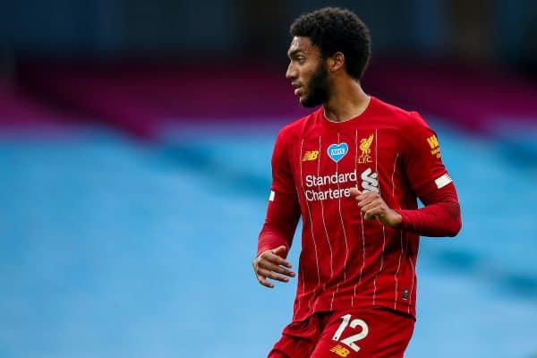 MANCHESTER, ENGLAND - Thursday, July 2, 2020: Liverpool’s Joe Gomez during the FA Premier League match between Manchester City FC and Liverpool FC at the City of Manchester Stadium. The game was played behind closed doors due to the UK government’s social distancing laws during the Coronavirus COVID-19 Pandemic. This was Liverpool's first game as Premier League 2019/20 Champions. (Pic by Propaganda)