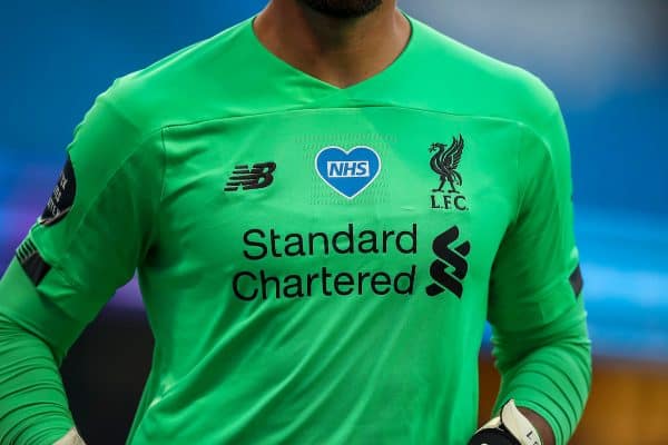 MANCHESTER, ENGLAND - Thursday, July 2, 2020: Liverpool’s goalkeeper Alisson Becker, wearing a shirt with an NHS blue heart on, during the FA Premier League match between Manchester City FC and Liverpool FC at the City of Manchester Stadium. The game was played behind closed doors due to the UK government’s social distancing laws during the Coronavirus COVID-19 Pandemic. This was Liverpool's first game as Premier League 2019/20 Champions. (Pic by Propaganda)