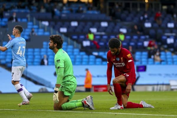 MANCHESTER, ENGLAND - Thursday, July 2, 2020: Liverpool’s goalkeeper Alisson Becker (L) and Joe Gomez looks dejected as Manchester City score the second goal during the FA Premier League match between Manchester City FC and Liverpool FC at the City of Manchester Stadium. The game was played behind closed doors due to the UK government’s social distancing laws during the Coronavirus COVID-19 Pandemic. This was Liverpool's first game as Premier League 2019/20 Champions. (Pic by Propaganda)