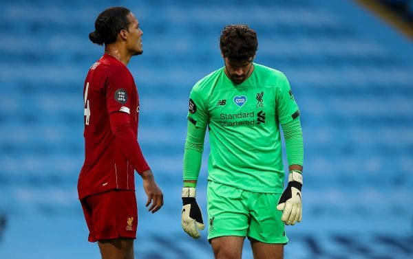 MANCHESTER, ENGLAND - Thursday, July 2, 2020: Liverpool’s goalkeeper Alisson Becker looks dejected as Manchester City score the third goal during the FA Premier League match between Manchester City FC and Liverpool FC at the City of Manchester Stadium. The game was played behind closed doors due to the UK government’s social distancing laws during the Coronavirus COVID-19 Pandemic. This was Liverpool's first game as Premier League 2019/20 Champions. (Pic by Propaganda)