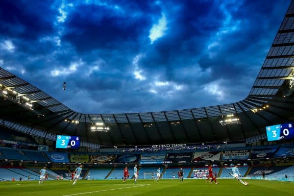 MANCHESTER, ENGLAND - Thursday, July 2, 2020: A general view during the FA Premier League match between Manchester City FC and Liverpool FC at the City of Manchester Stadium. The game was played behind closed doors due to the UK government’s social distancing laws during the Coronavirus COVID-19 Pandemic. This was Liverpool's first game as Premier League 2019/20 Champions. (Pic by Propaganda)