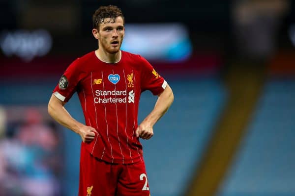 MANCHESTER, ENGLAND - Thursday, July 2, 2020: Liverpool’s Andy Robertson during the FA Premier League match between Manchester City FC and Liverpool FC at the City of Manchester Stadium. The game was played behind closed doors due to the UK government’s social distancing laws during the Coronavirus COVID-19 Pandemic. This was Liverpool's first game as Premier League 2019/20 Champions. (Pic by Propaganda)