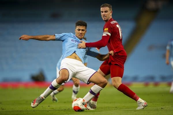 MANCHESTER, ENGLAND - Thursday, July 2, 2020: Liverpool’s captain Jordan Henderson (R) challenges Manchester City's Eric García during the FA Premier League match between Manchester City FC and Liverpool FC at the City of Manchester Stadium. The game was played behind closed doors due to the UK government’s social distancing laws during the Coronavirus COVID-19 Pandemic. This was Liverpool's first game as Premier League 2019/20 Champions. (Pic by Propaganda)