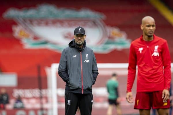 LIVERPOOL, ENGLAND - Sunday, July 5, 2020: Liverpool’s manager Jürgen Klopp (L) and Fabio Henrique Tavares 'Fabinho' before the FA Premier League match between Liverpool FC and Aston Villa FC at Anfield. The game was played behind closed doors due to the UK government’s social distancing laws during the Coronavirus COVID-19 Pandemic. (Pic by David Rawcliffe/Propaganda)