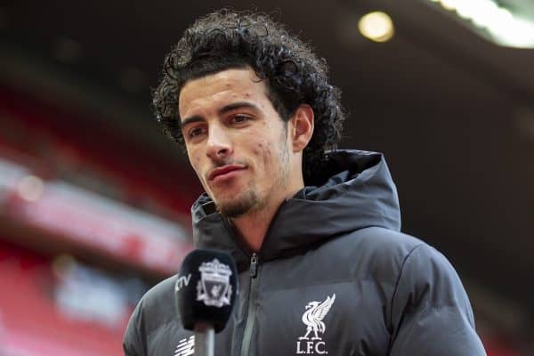 LIVERPOOL, ENGLAND - Sunday, July 5, 2020: Liverpool’s goalscorer Curtis Jones speaks with LFC TV after the FA Premier League match between Liverpool FC and Aston Villa FC at Anfield. The game was played behind closed doors due to the UK government’s social distancing laws during the Coronavirus COVID-19 Pandemic. (Pic by David Rawcliffe/Propaganda)