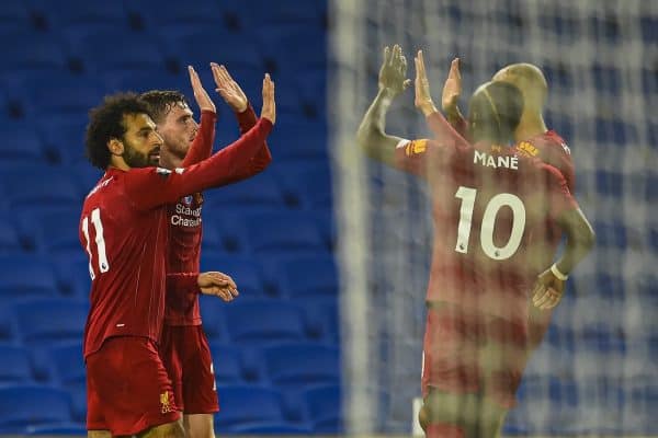 BRIGHTON & HOVE, ENGLAND - Wednesday, July 8, 2020: Liverpool's Mohamed Salah (L) celebrates scoring the third goal, his second of the game, with team-mates during the FA Premier League match between Brighton & Hove Albion FC and Liverpool FC at the AMEX Stadium. The game was played behind closed doors due to the UK government’s social distancing laws during the Coronavirus COVID-19 Pandemic. (Pic by Propaganda)