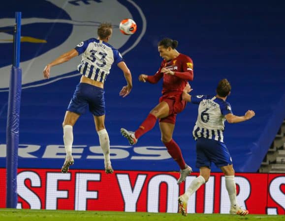 BRIGHTON & HOVE, ENGLAND - Wednesday, July 8, 2020: Liverpool's Virgil van Dijk during the FA Premier League match between Brighton & Hove Albion FC and Liverpool FC at the AMEX Stadium. The game was played behind closed doors due to the UK government’s social distancing laws during the Coronavirus COVID-19 Pandemic. (Pic by Propaganda)