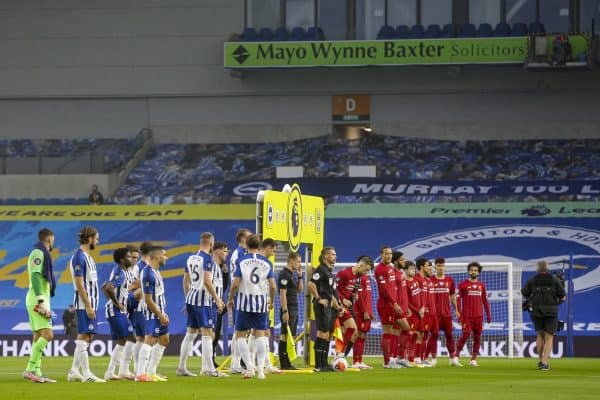 BRIGHTON & HOVE, ENGLAND - Wednesday, July 8, 2020: Brighton & Hove Albion and Champions Liverpool line-up before the FA Premier League match between Brighton & Hove Albion FC and Liverpool FC at the AMEX Stadium. The game was played behind closed doors due to the UK government’s social distancing laws during the Coronavirus COVID-19 Pandemic. (Pic by Propaganda)