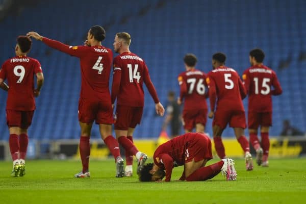 BRIGHTON & HOVE, ENGLAND - Wednesday, July 8, 2020: Liverpool's Mohamed Salah kneels to pray as he celebrates scoring the first goal during the FA Premier League match between Brighton & Hove Albion FC and Liverpool FC at the AMEX Stadium. The game was played behind closed doors due to the UK government’s social distancing laws during the Coronavirus COVID-19 Pandemic. (Pic by Propaganda)