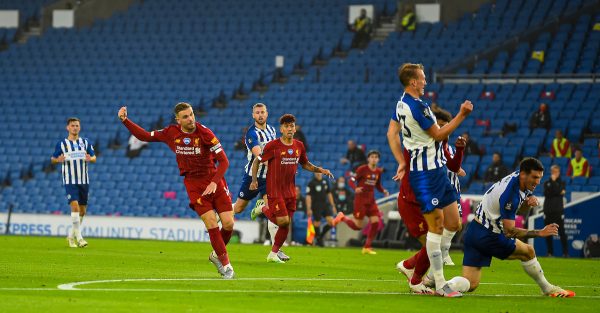 BRIGHTON & HOVE, ENGLAND - Wednesday, July 8, 2020: Liverpool's captain Jordan Henderson celebrates scoring the second goal during the FA Premier League match between Brighton & Hove Albion FC and Liverpool FC at the AMEX Stadium. The game was played behind closed doors due to the UK government’s social distancing laws during the Coronavirus COVID-19 Pandemic. (Pic by Propaganda)