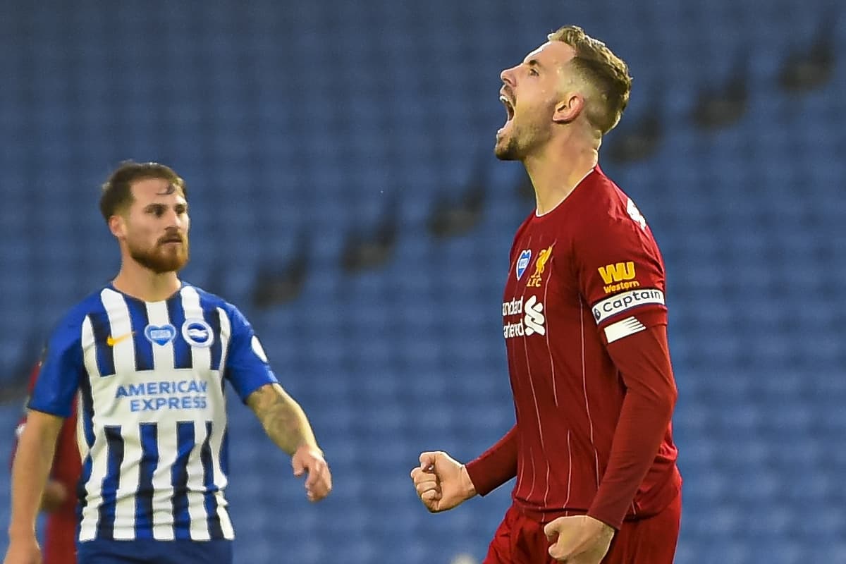 BRIGHTON & HOVE, ENGLAND - Wednesday, July 8, 2020: Liverpool's captain Jordan Henderson celebrates scoring the second goal during the FA Premier League match between Brighton & Hove Albion FC and Liverpool FC at the AMEX Stadium. The game was played behind closed doors due to the UK government’s social distancing laws during the Coronavirus COVID-19 Pandemic. (Pic by Propaganda)