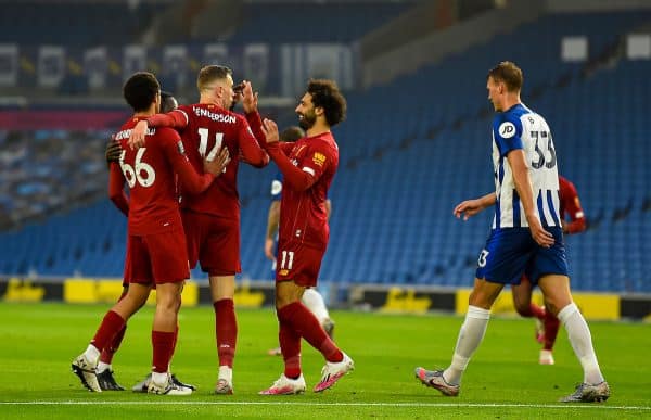 BRIGHTON & HOVE, ENGLAND - Wednesday, July 8, 2020: Liverpool's captain Jordan Henderson (C) celebrates scoring the second goal during the FA Premier League match between Brighton & Hove Albion FC and Liverpool FC at the AMEX Stadium. The game was played behind closed doors due to the UK government’s social distancing laws during the Coronavirus COVID-19 Pandemic. (Pic by Propaganda)