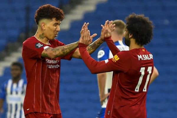 BRIGHTON & HOVE, ENGLAND - Wednesday, July 8, 2020: Liverpool's Mohamed Salah (R) celebrates scoring the first goal with team-mate Roberto Firmino during the FA Premier League match between Brighton & Hove Albion FC and Liverpool FC at the AMEX Stadium. The game was played behind closed doors due to the UK government’s social distancing laws during the Coronavirus COVID-19 Pandemic. (Pic by Propaganda)