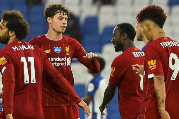 BRIGHTON & HOVE, ENGLAND - Wednesday, July 8, 2020: Liverpool's Mohamed Salah (#11) celebrates scoring the first goal with team-mate Neco Williams during the FA Premier League match between Brighton & Hove Albion FC and Liverpool FC at the AMEX Stadium. The game was played behind closed doors due to the UK government’s social distancing laws during the Coronavirus COVID-19 Pandemic. (Pic by Propaganda)