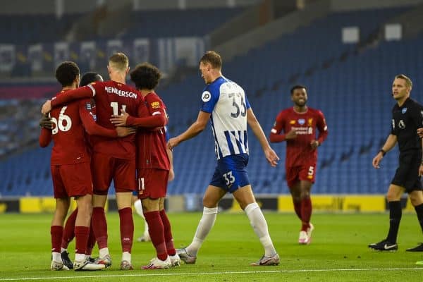 BRIGHTON & HOVE, ENGLAND - Wednesday, July 8, 2020: Liverpool's captain Jordan Henderson celebrates scoring the second goal during the FA Premier League match between Brighton & Hove Albion FC and Liverpool FC at the AMEX Stadium. The game was played behind closed doors due to the UK government’s social distancing laws during the Coronavirus COVID-19 Pandemic. (Pic by Propaganda)