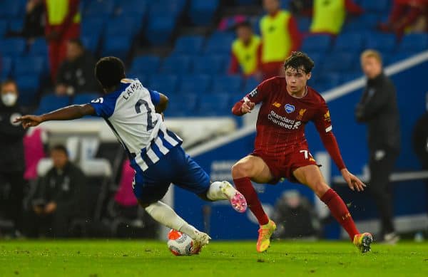 BRIGHTON & HOVE, ENGLAND - Wednesday, July 8, 2020: Liverpool's Neco Williams during the FA Premier League match between Brighton & Hove Albion FC and Liverpool FC at the AMEX Stadium. The game was played behind closed doors due to the UK government’s social distancing laws during the Coronavirus COVID-19 Pandemic. (Pic by Propaganda)