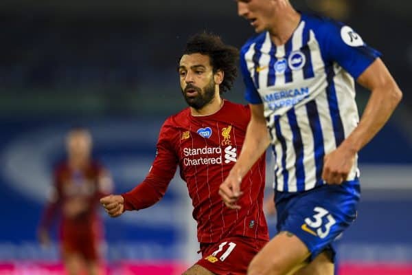 BRIGHTON & HOVE, ENGLAND - Wednesday, July 8, 2020: Liverpool's Mohamed Salah during the FA Premier League match between Brighton & Hove Albion FC and Liverpool FC at the AMEX Stadium. The game was played behind closed doors due to the UK government’s social distancing laws during the Coronavirus COVID-19 Pandemic. (Pic by Propaganda)