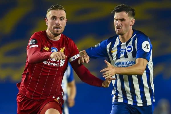 BRIGHTON & HOVE, ENGLAND - Wednesday, July 8, 2020: Liverpool's captain Jordan Henderson (L) and Brighton & Hove Albion's Pascal Gross during the FA Premier League match between Brighton & Hove Albion FC and Liverpool FC at the AMEX Stadium. The game was played behind closed doors due to the UK government’s social distancing laws during the Coronavirus COVID-19 Pandemic. (Pic by Propaganda)