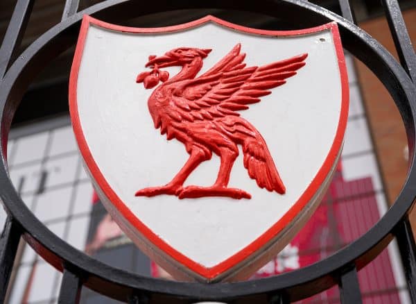 LIVERPOOL, ENGLAND - Saturday, July 11, 2020: A Liver Bird crest on the Paisley Gates pictured before the FA Premier League match between Liverpool FC and Burnley FC at Anfield. The game was played behind closed doors due to the UK government’s social distancing laws during the Coronavirus COVID-19 Pandemic. (Pic by David Rawcliffe/Propaganda)