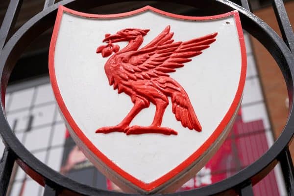 LIVERPOOL, ENGLAND - Saturday, July 11, 2020: A Liver Bird crest on the Paisley Gates pictured before the FA Premier League match between Liverpool FC and Burnley FC at Anfield. The game was played behind closed doors due to the UK government’s social distancing laws during the Coronavirus COVID-19 Pandemic. (Pic by David Rawcliffe/Propaganda)