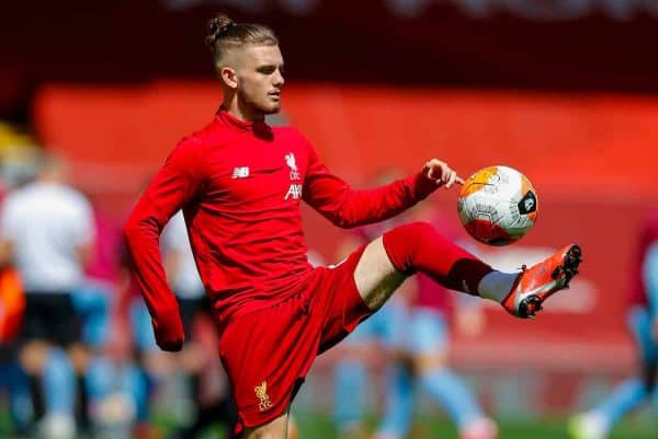 LIVERPOOL, ENGLAND - Saturday, July 11, 2020: Liverpool’s Harvey Elliott during the pre-match warm-up before the FA Premier League match between Liverpool FC and Burnley FC at Anfield. The game was played behind closed doors due to the UK government’s social distancing laws during the Coronavirus COVID-19 Pandemic. (Pic by Propaganda)