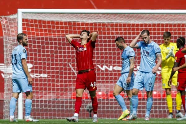 LIVERPOOL, ENGLAND - Saturday, July 11, 2020: Liverpool’s Curtis Jones looks dejected after missing a chance during the FA Premier League match between Liverpool FC and Burnley FC at Anfield. The game was played behind closed doors due to the UK government’s social distancing laws during the Coronavirus COVID-19 Pandemic. (Pic by Propaganda)