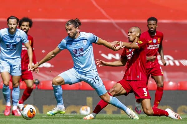 LIVERPOOL, ENGLAND - Saturday, July 11, 2020: Liverpool’s Fabio Henrique Tavares 'Fabinho' (R) challenges Burnley's Jay Rodriguez during the FA Premier League match between Liverpool FC and Burnley FC at Anfield. The game was played behind closed doors due to the UK government’s social distancing laws during the Coronavirus COVID-19 Pandemic. (Pic by Propaganda)