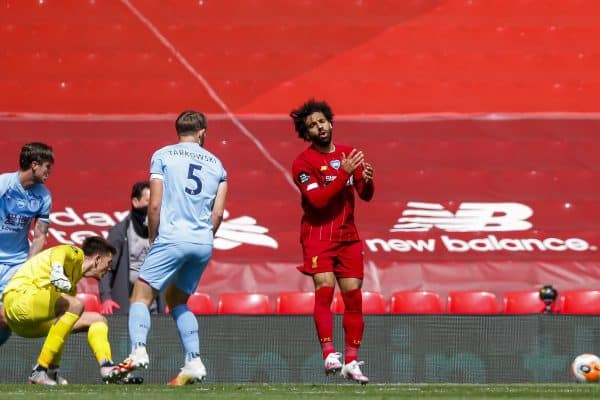 LIVERPOOL, ENGLAND - Saturday, July 11, 2020: Liverpool’s Mohamed Salah looks dejected after missing a chance during the FA Premier League match between Liverpool FC and Burnley FC at Anfield. The game was played behind closed doors due to the UK government’s social distancing laws during the Coronavirus COVID-19 Pandemic. (Pic by Propaganda)