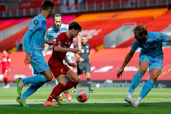 LIVERPOOL, ENGLAND - Saturday, July 11, 2020: Liverpool’s Neco Williams during the FA Premier League match between Liverpool FC and Burnley FC at Anfield. The game was played behind closed doors due to the UK government’s social distancing laws during the Coronavirus COVID-19 Pandemic. (Pic by Propaganda)